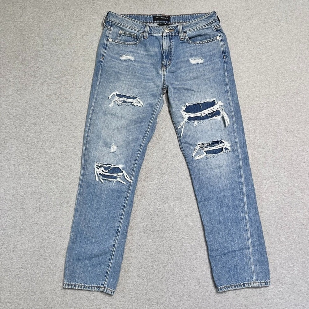 Aeropostale Jeans Womens 8 Blue Boyfriend Mid Rise Ripped Distressed Denim